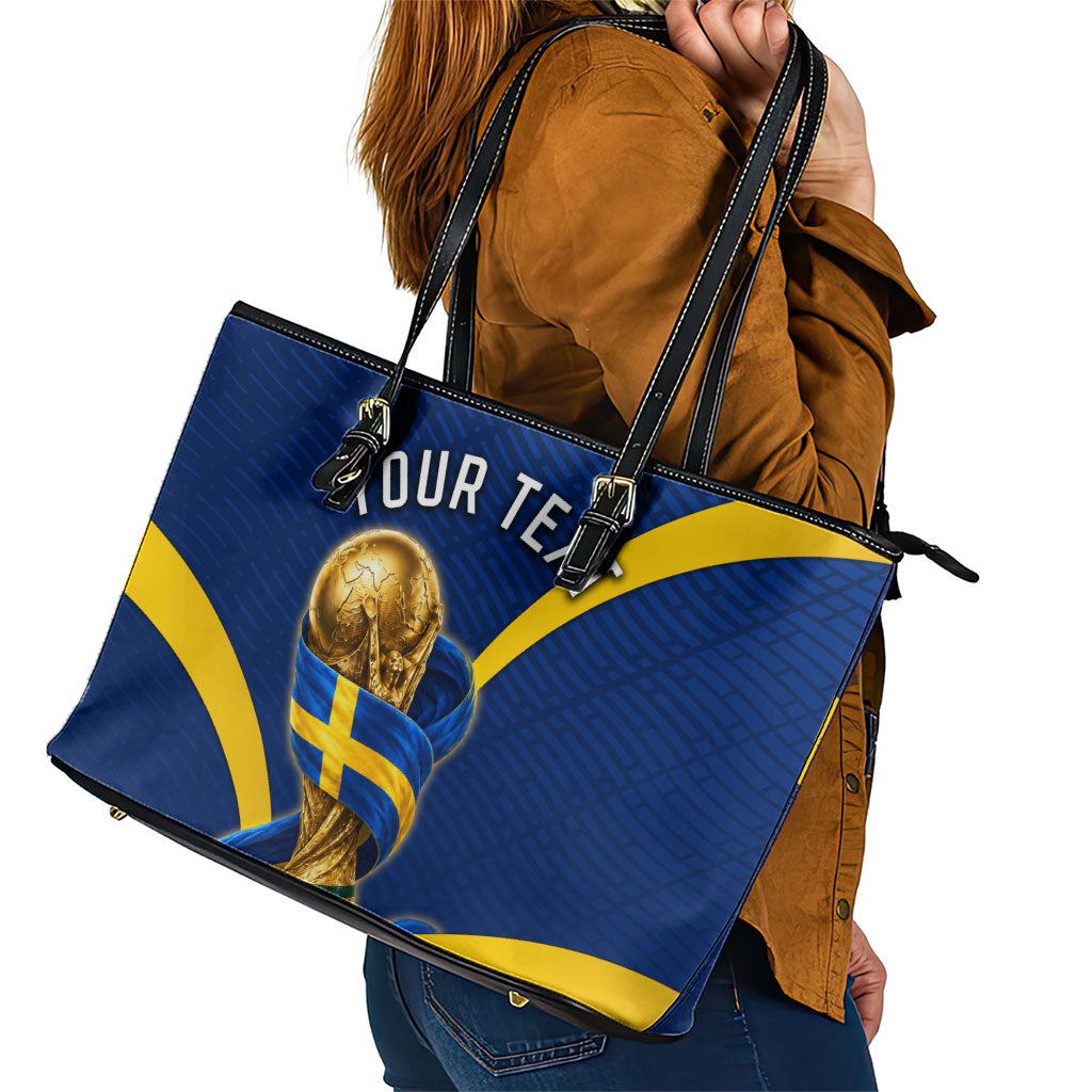 Personalized Sweden Football Trophy Leather Tote Bag Golden Cup Flag Ribbon Dynamic Stripes