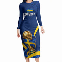 Personalized Sweden Football Trophy Long Sleeve Bodycon Dress Golden Cup Flag Ribbon Dynamic Stripes