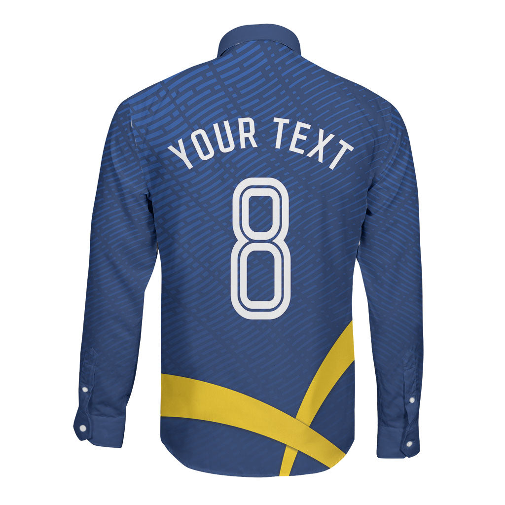 Personalized Sweden Football Trophy Long Sleeve Button Shirt Golden Cup Flag Ribbon Dynamic Stripes