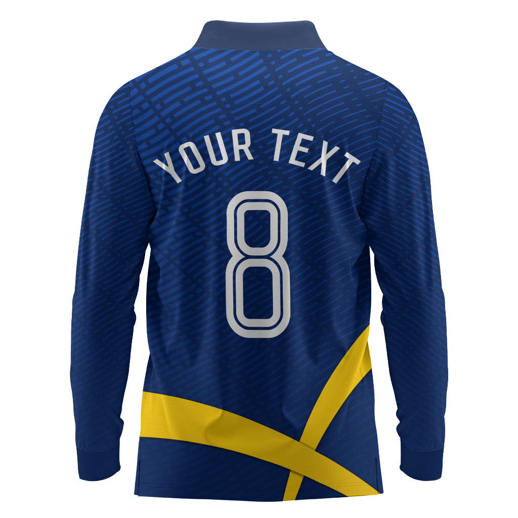 Personalized Sweden Football Trophy Long Sleeve Polo Shirt Golden Cup Flag Ribbon Dynamic Stripes