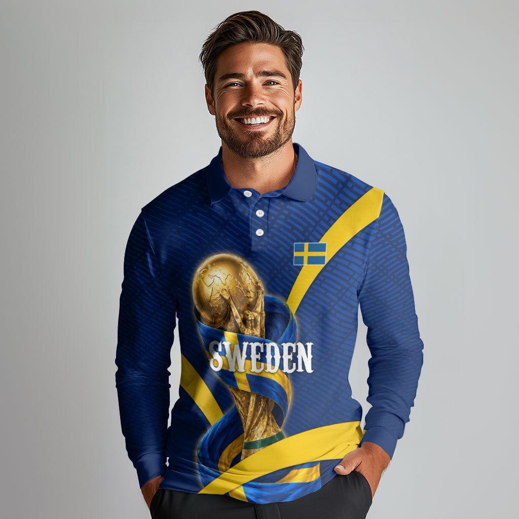 Personalized Sweden Football Trophy Long Sleeve Polo Shirt Golden Cup Flag Ribbon Dynamic Stripes