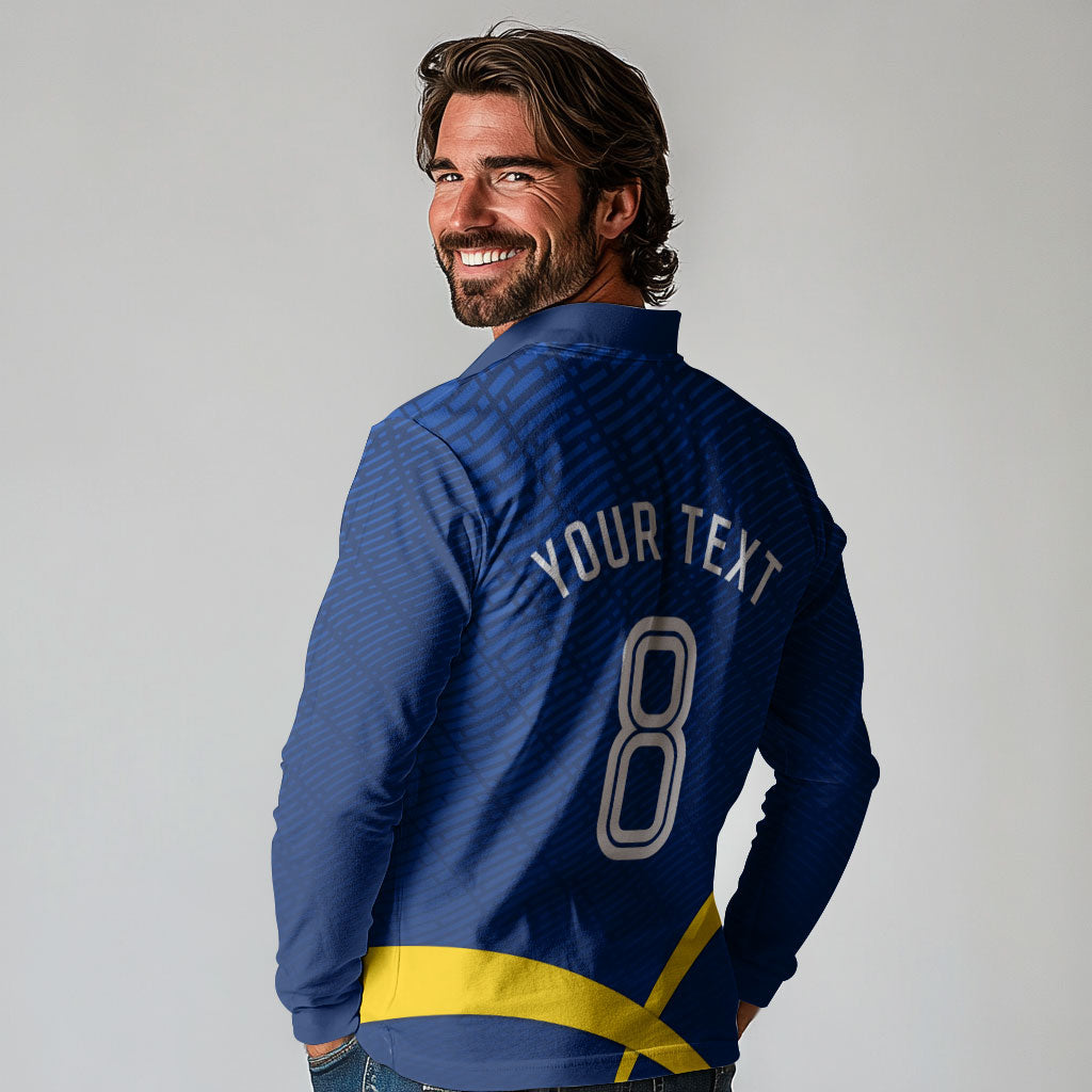 Personalized Sweden Football Trophy Long Sleeve Polo Shirt Golden Cup Flag Ribbon Dynamic Stripes