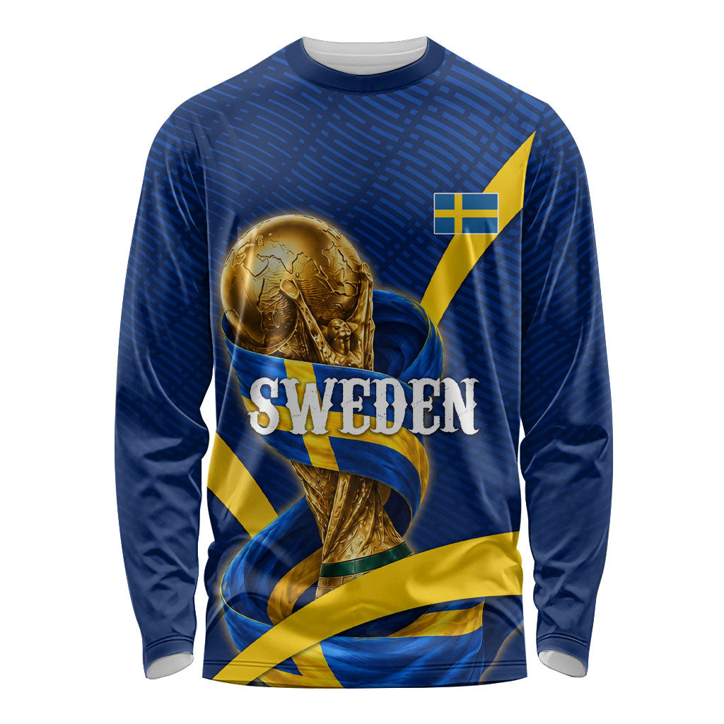 Personalized Sweden Football Trophy Long Sleeve Shirt Golden Cup Flag Ribbon Dynamic Stripes