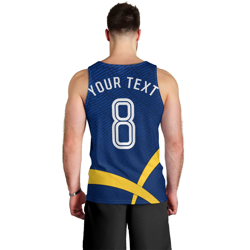Personalized Sweden Football Trophy Men Tank Top Golden Cup Flag Ribbon Dynamic Stripes