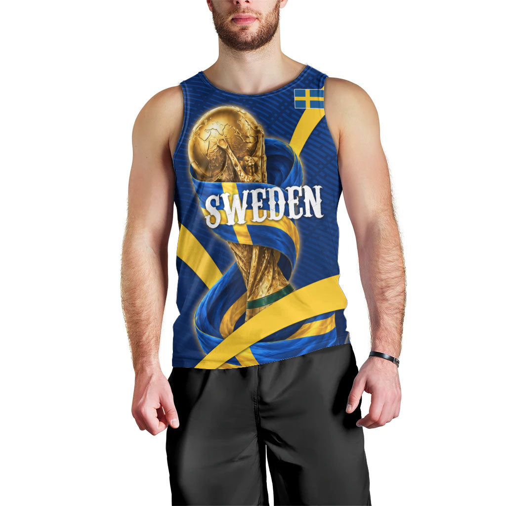 Personalized Sweden Football Trophy Men Tank Top Golden Cup Flag Ribbon Dynamic Stripes