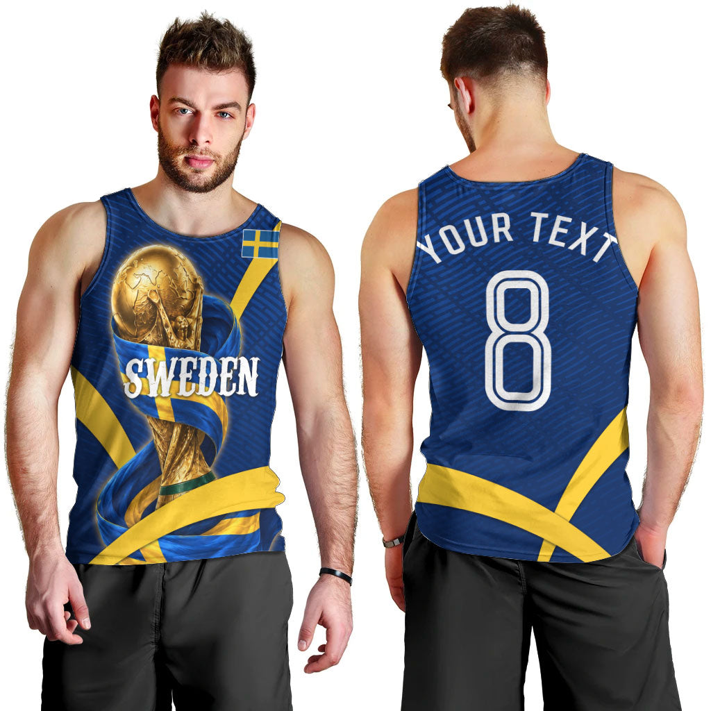 Personalized Sweden Football Trophy Men Tank Top Golden Cup Flag Ribbon Dynamic Stripes