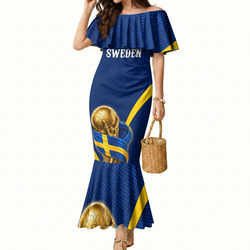 Personalized Sweden Football Trophy Mermaid Dress Golden Cup Flag Ribbon Dynamic Stripes