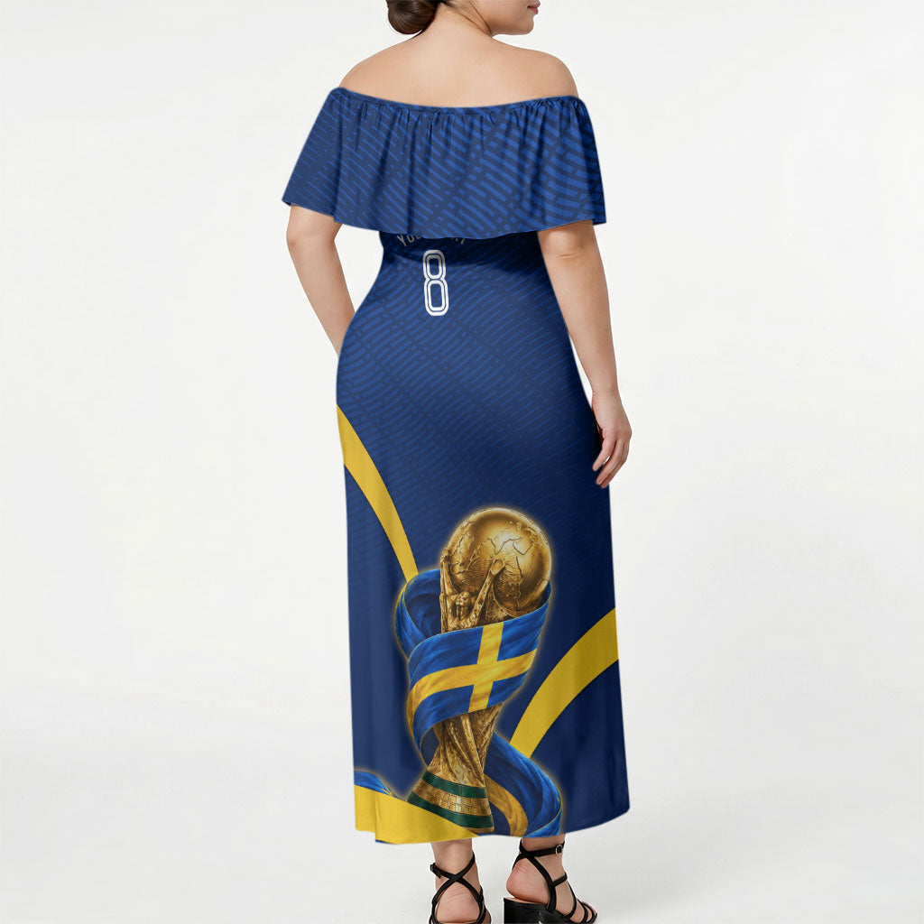 Personalized Sweden Football Trophy Off Shoulder Maxi Dress Golden Cup Flag Ribbon Dynamic Stripes