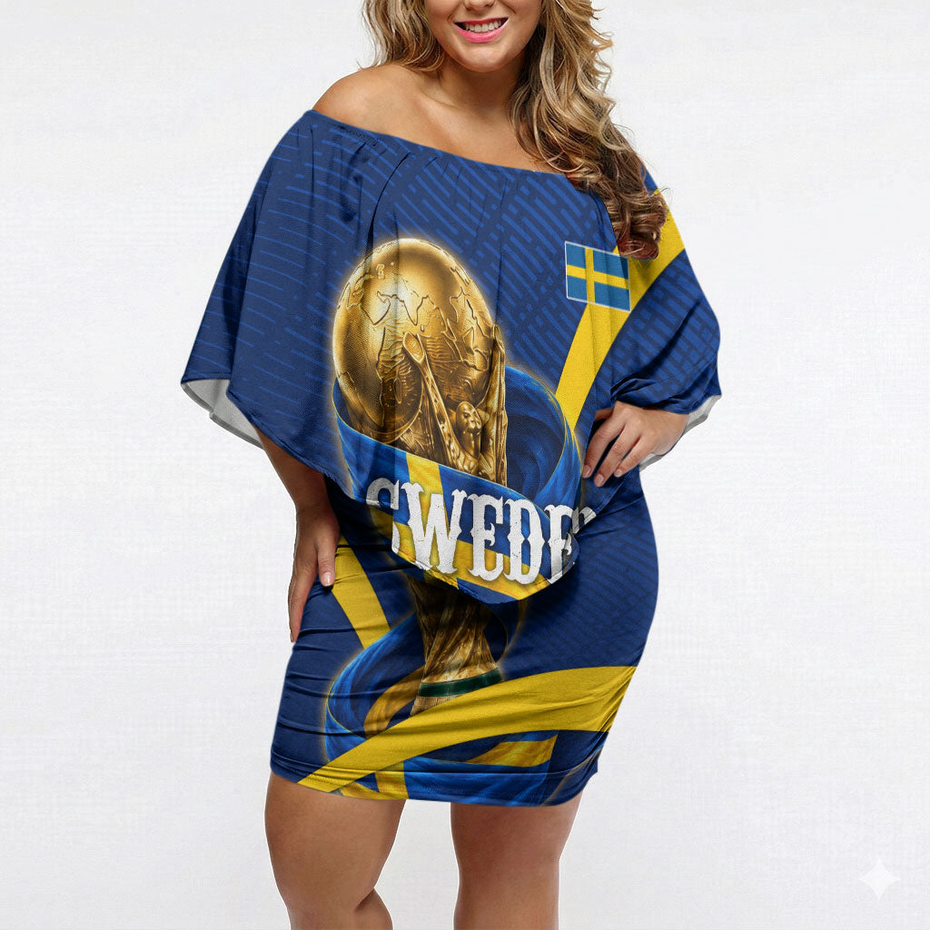Personalized Sweden Football Trophy Off Shoulder Short Dress Golden Cup Flag Ribbon Dynamic Stripes