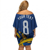 Personalized Sweden Football Trophy Off Shoulder Short Dress Golden Cup Flag Ribbon Dynamic Stripes