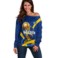 Personalized Sweden Football Trophy Off Shoulder Sweater Golden Cup Flag Ribbon Dynamic Stripes