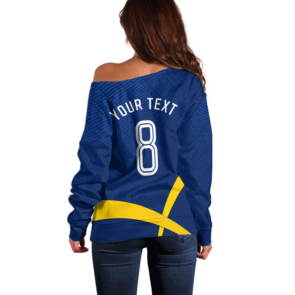 Personalized Sweden Football Trophy Off Shoulder Sweater Golden Cup Flag Ribbon Dynamic Stripes