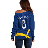 Personalized Sweden Football Trophy Off Shoulder Sweater Golden Cup Flag Ribbon Dynamic Stripes
