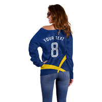Personalized Sweden Football Trophy Off Shoulder Sweater Golden Cup Flag Ribbon Dynamic Stripes