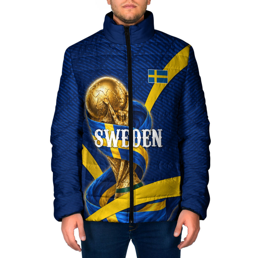 Personalized Sweden Football Trophy Padded Jacket Golden Cup Flag Ribbon Dynamic Stripes
