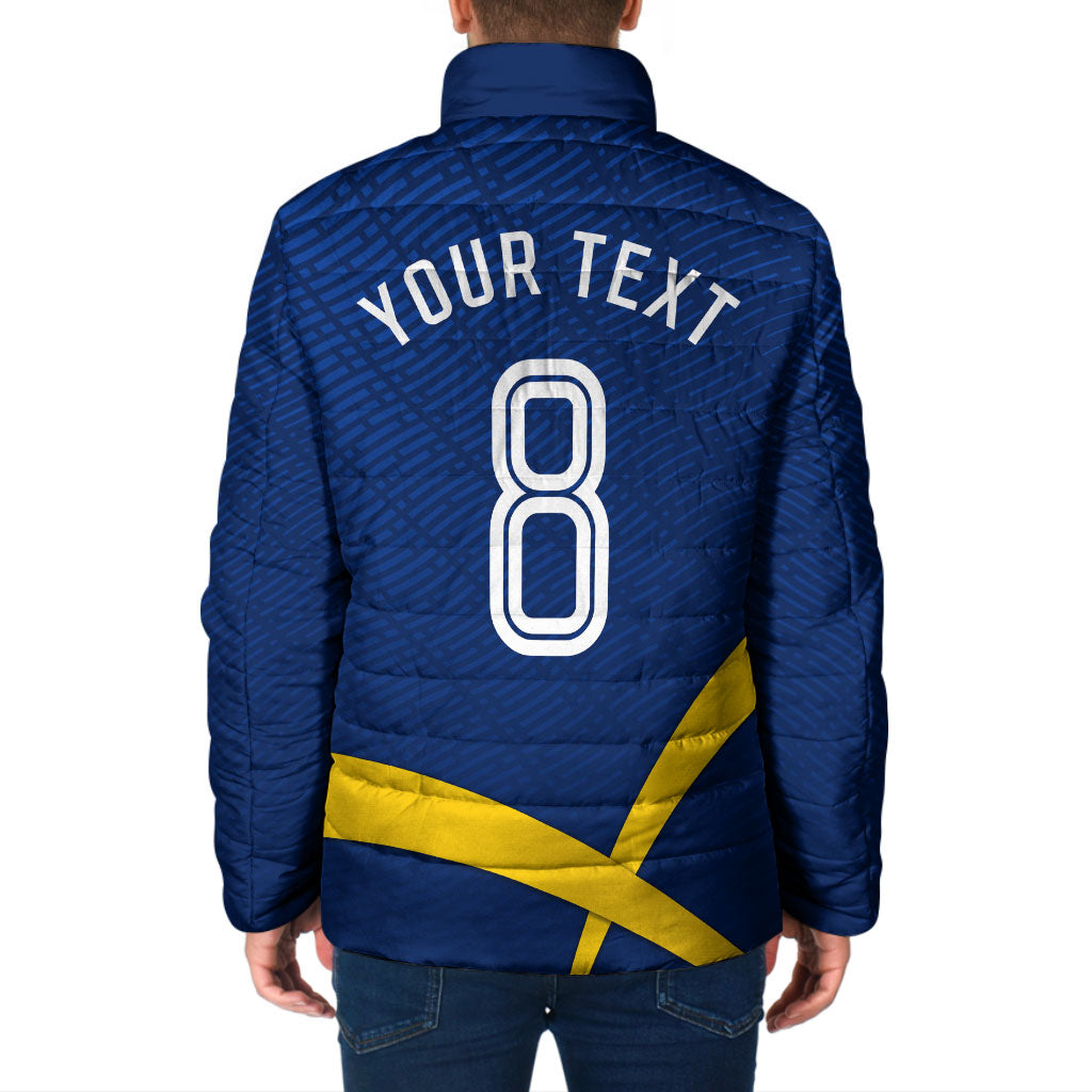 Personalized Sweden Football Trophy Padded Jacket Golden Cup Flag Ribbon Dynamic Stripes