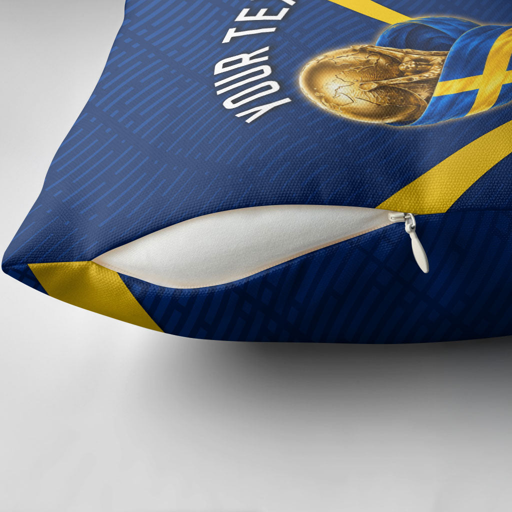 Personalized Sweden Football Trophy Pillow Cover Golden Cup Flag Ribbon Dynamic Stripes