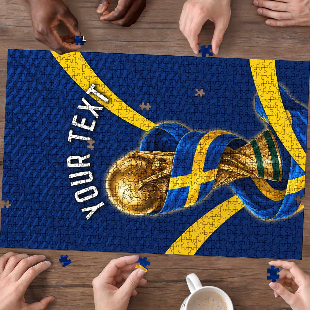 Personalized Sweden Football Trophy Puzzle Golden Cup Flag Ribbon Dynamic Stripes