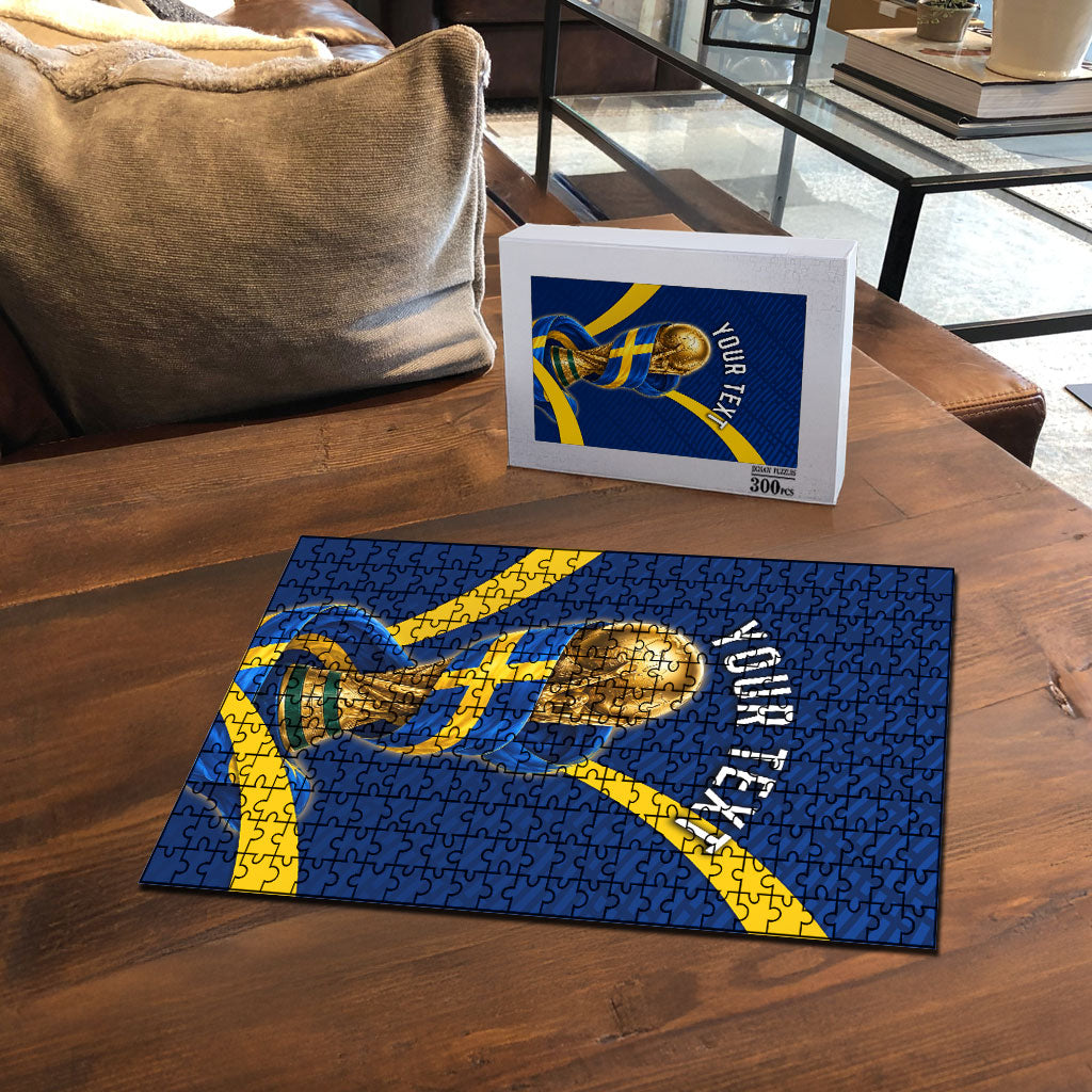 Personalized Sweden Football Trophy Puzzle Golden Cup Flag Ribbon Dynamic Stripes
