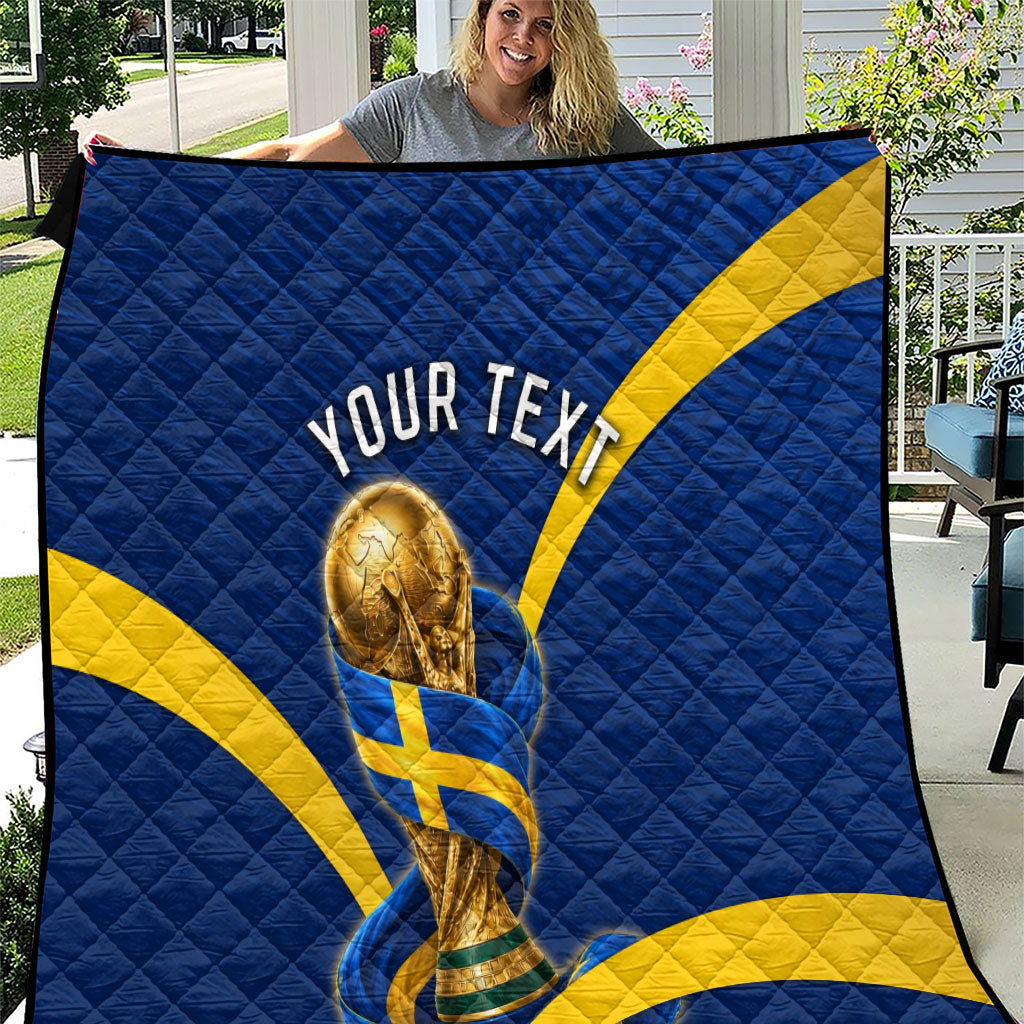 Personalized Sweden Football Trophy Quilt Golden Cup Flag Ribbon Dynamic Stripes