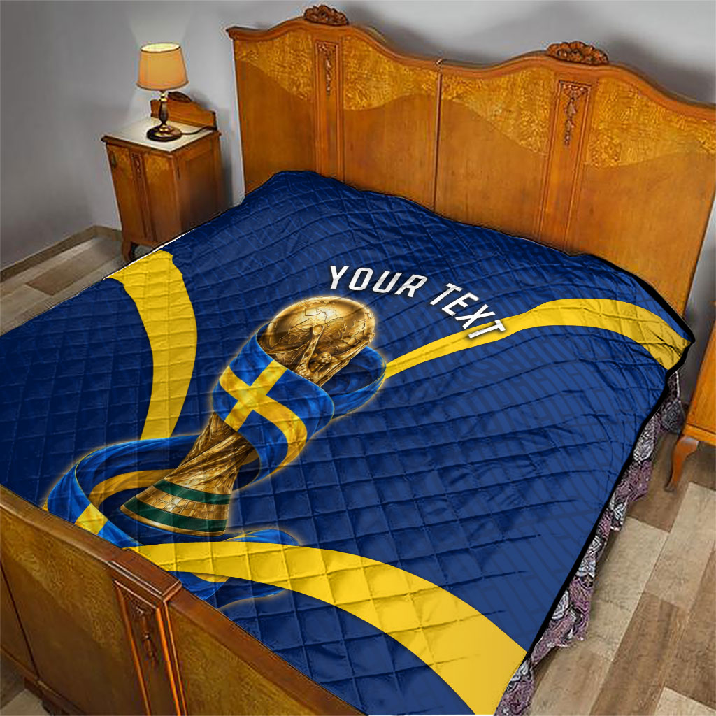 Personalized Sweden Football Trophy Quilt Golden Cup Flag Ribbon Dynamic Stripes