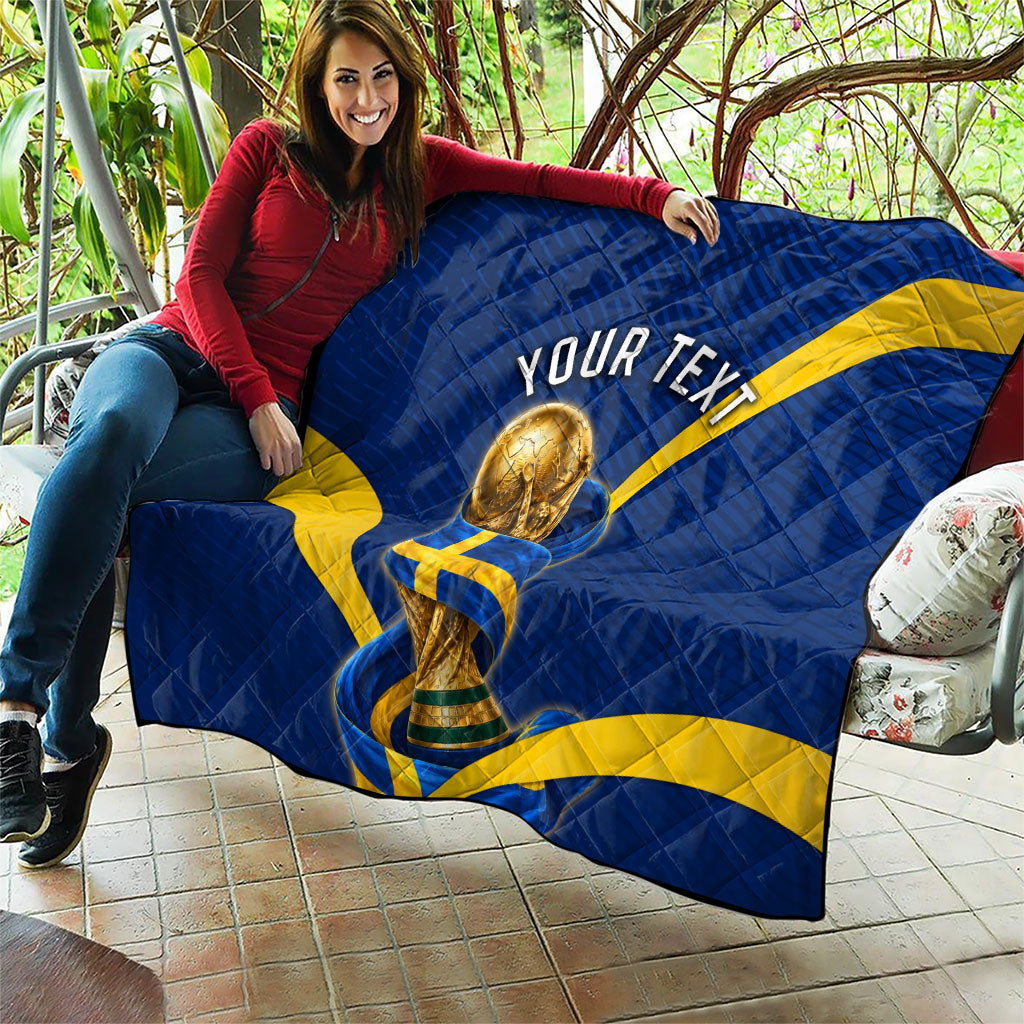 Personalized Sweden Football Trophy Quilt Golden Cup Flag Ribbon Dynamic Stripes