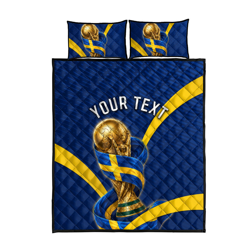 Personalized Sweden Football Trophy Quilt Bed Set Golden Cup Flag Ribbon Dynamic Stripes