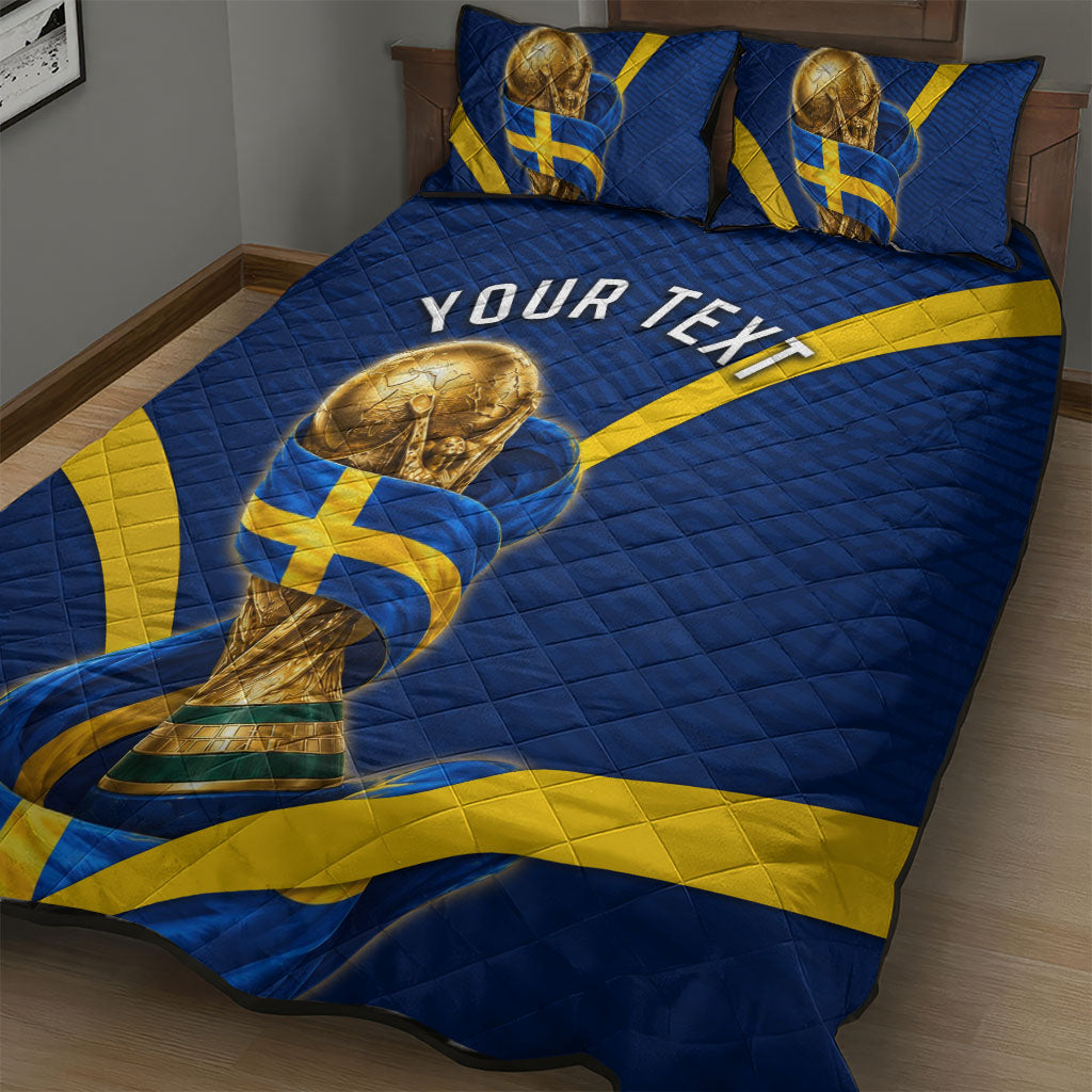 Personalized Sweden Football Trophy Quilt Bed Set Golden Cup Flag Ribbon Dynamic Stripes