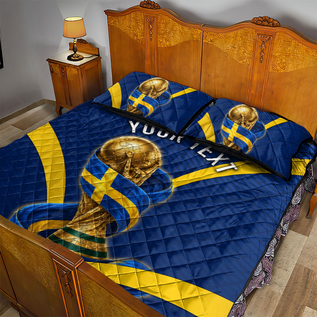 Personalized Sweden Football Trophy Quilt Bed Set Golden Cup Flag Ribbon Dynamic Stripes