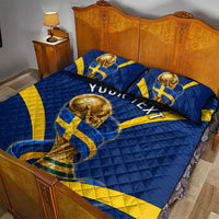 Personalized Sweden Football Trophy Quilt Bed Set Golden Cup Flag Ribbon Dynamic Stripes