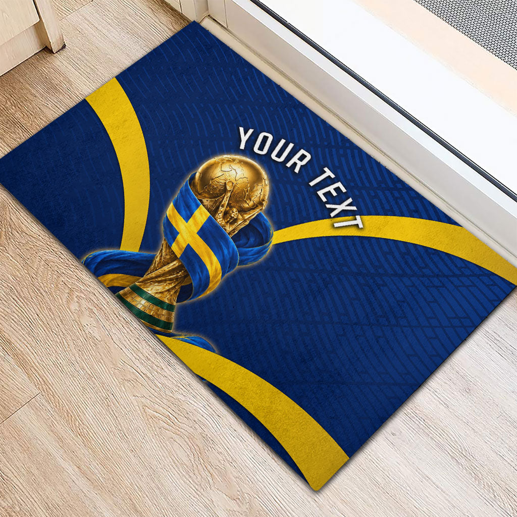 Personalized Sweden Football Trophy Rubber Doormat Golden Cup Flag Ribbon Dynamic Stripes