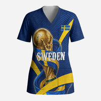 Personalized Sweden Football Trophy Scrub Top Golden Cup Flag Ribbon Dynamic Stripes