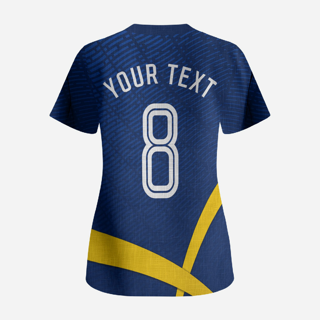 Personalized Sweden Football Trophy Scrub Top Golden Cup Flag Ribbon Dynamic Stripes