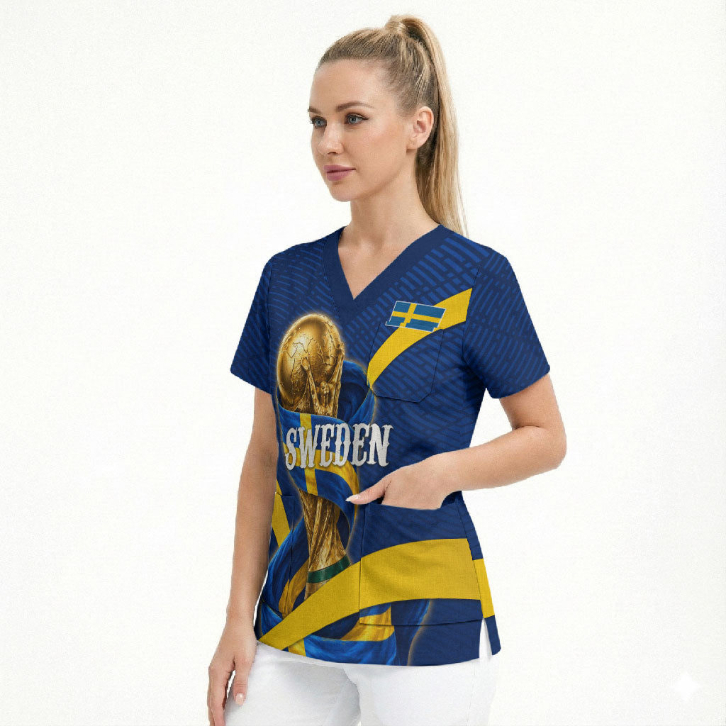 Personalized Sweden Football Trophy Scrub Top Golden Cup Flag Ribbon Dynamic Stripes