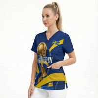 Personalized Sweden Football Trophy Scrub Top Golden Cup Flag Ribbon Dynamic Stripes