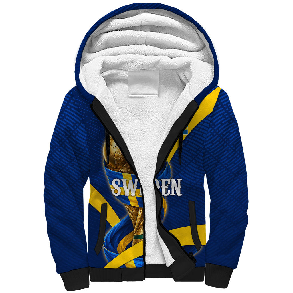 Personalized Sweden Football Trophy Sherpa Hoodie Golden Cup Flag Ribbon Dynamic Stripes