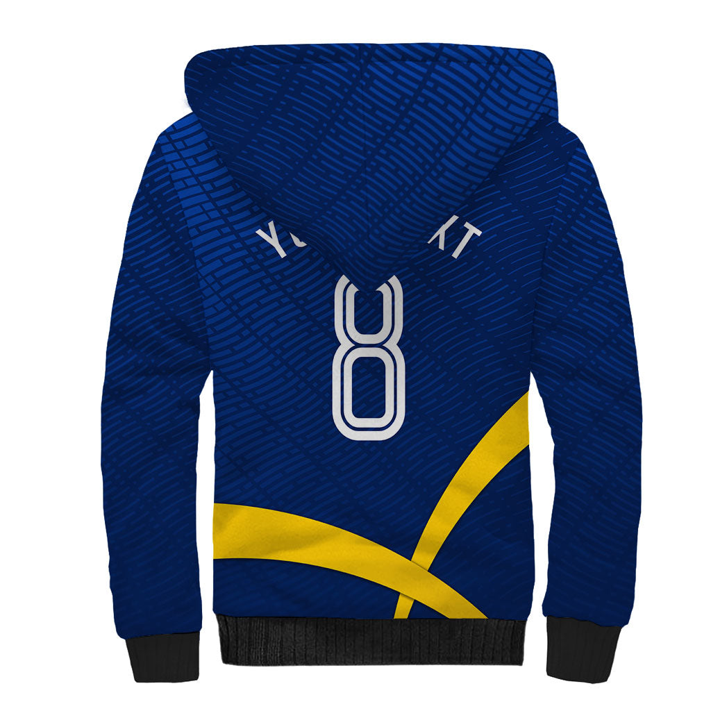 Personalized Sweden Football Trophy Sherpa Hoodie Golden Cup Flag Ribbon Dynamic Stripes