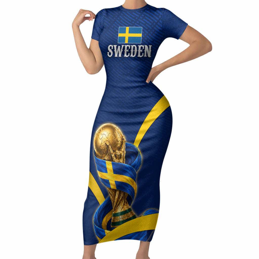 Personalized Sweden Football Trophy Short Sleeve Bodycon Dress Golden Cup Flag Ribbon Dynamic Stripes