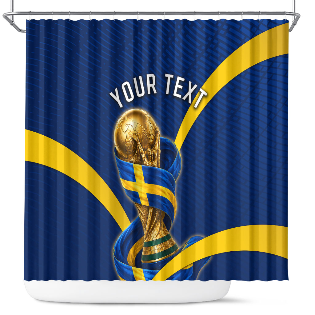 Personalized Sweden Football Trophy Shower Curtain Golden Cup Flag Ribbon Dynamic Stripes