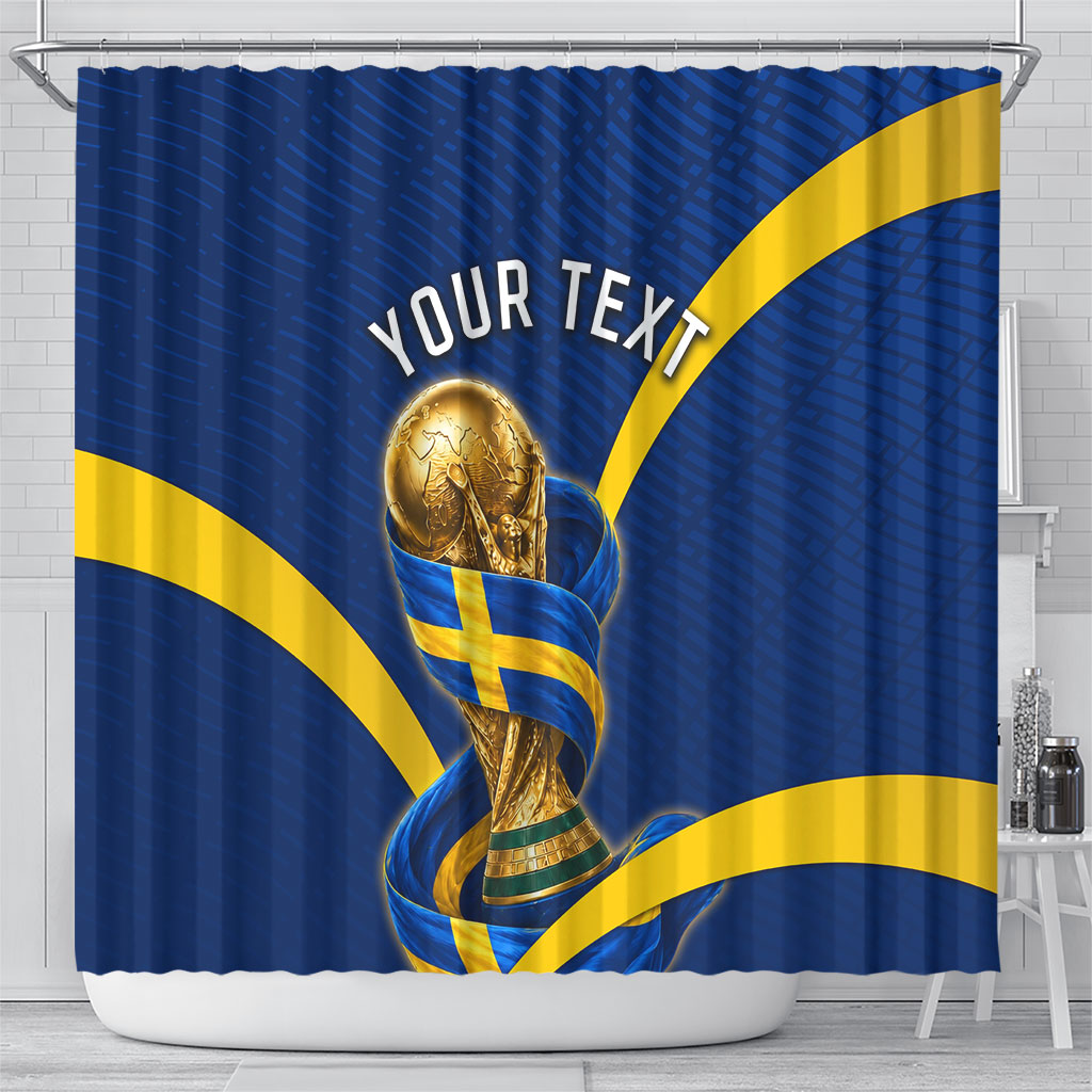 Personalized Sweden Football Trophy Shower Curtain Golden Cup Flag Ribbon Dynamic Stripes