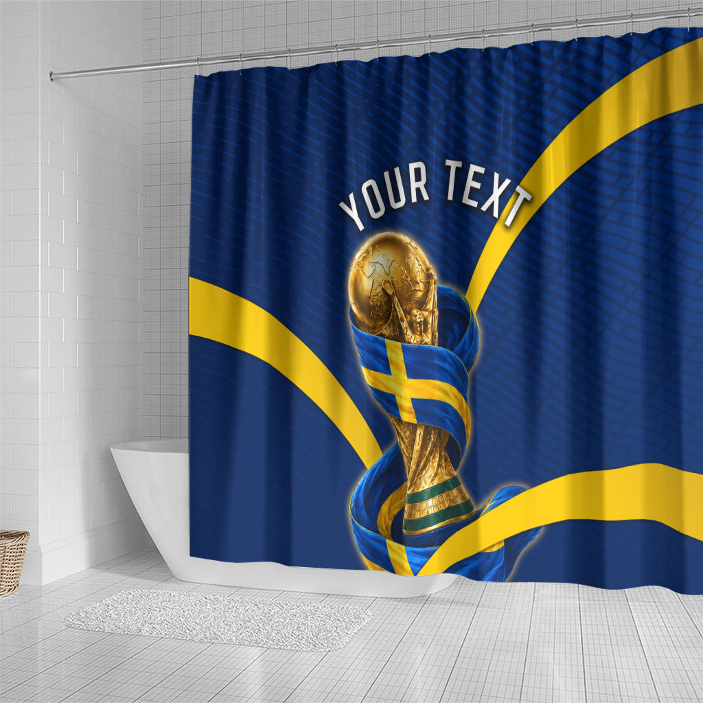 Personalized Sweden Football Trophy Shower Curtain Golden Cup Flag Ribbon Dynamic Stripes