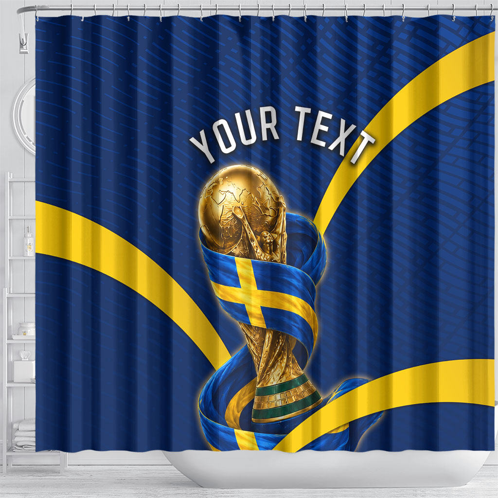 Personalized Sweden Football Trophy Shower Curtain Golden Cup Flag Ribbon Dynamic Stripes