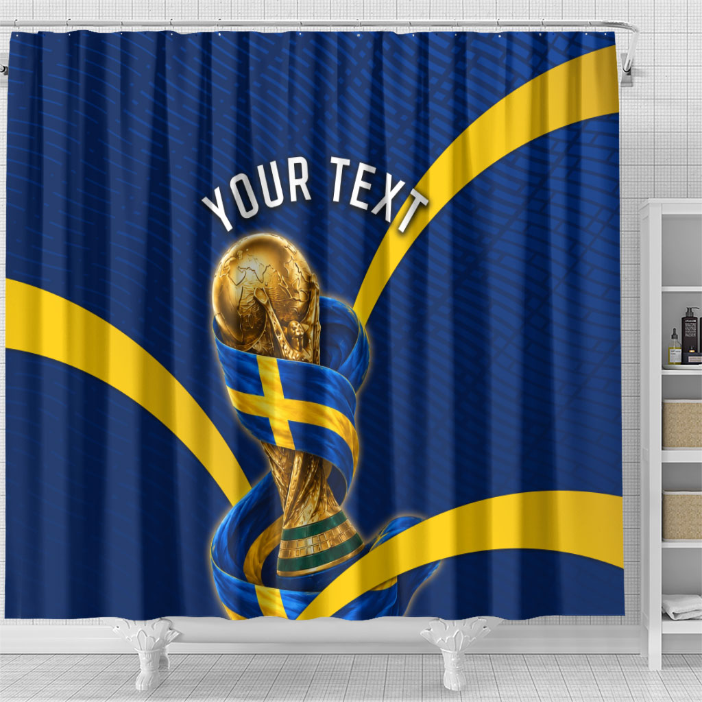 Personalized Sweden Football Trophy Shower Curtain Golden Cup Flag Ribbon Dynamic Stripes