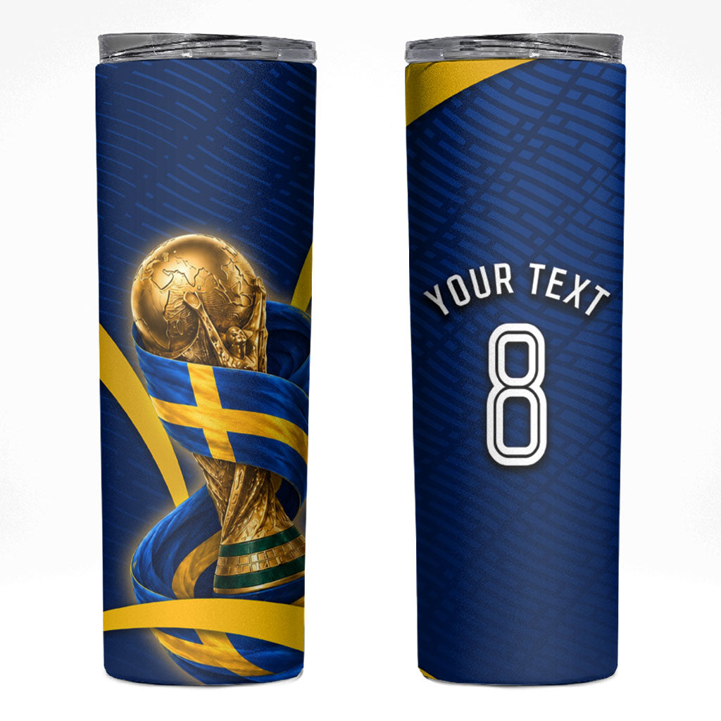 Personalized Sweden Football Trophy Skinny Tumbler Golden Cup Flag Ribbon Dynamic Stripes