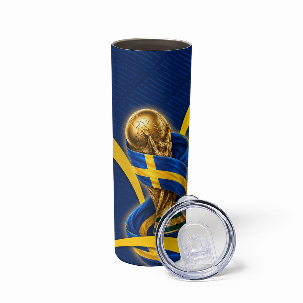 Personalized Sweden Football Trophy Skinny Tumbler Golden Cup Flag Ribbon Dynamic Stripes