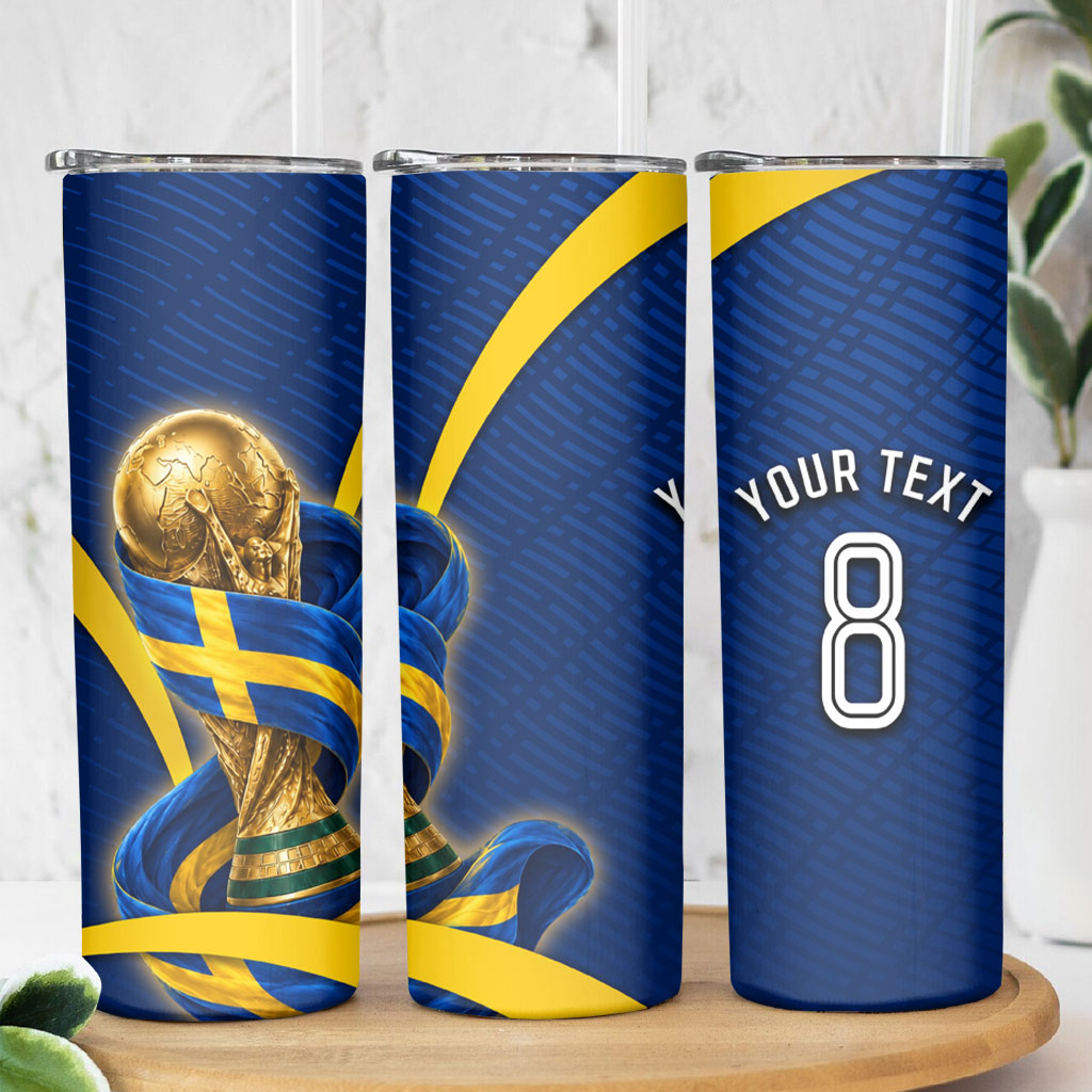 Personalized Sweden Football Trophy Skinny Tumbler Golden Cup Flag Ribbon Dynamic Stripes