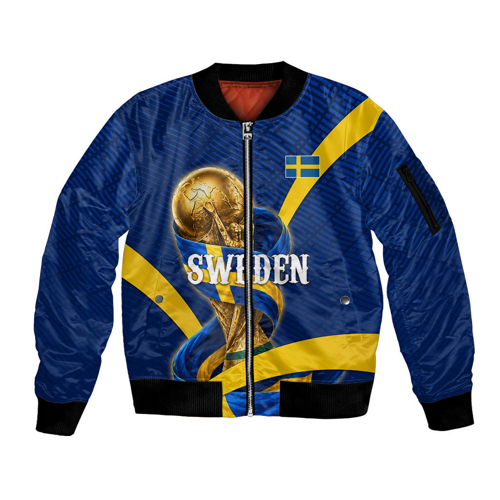 Personalized Sweden Football Trophy Sleeve Zip Bomber Jacket Golden Cup Flag Ribbon Dynamic Stripes