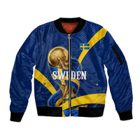 Personalized Sweden Football Trophy Sleeve Zip Bomber Jacket Golden Cup Flag Ribbon Dynamic Stripes