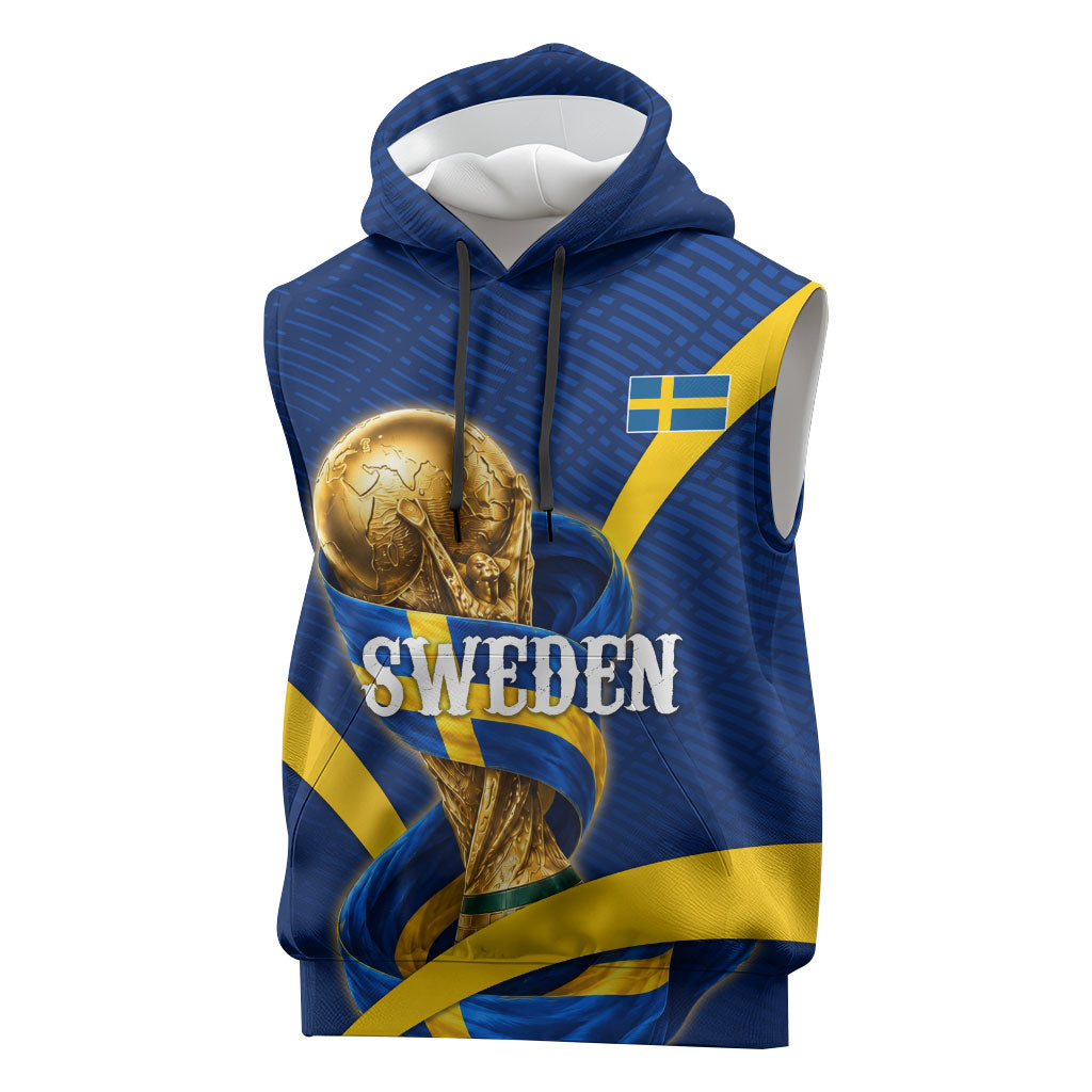 Personalized Sweden Football Trophy Sleeveless Hoodie Golden Cup Flag Ribbon Dynamic Stripes