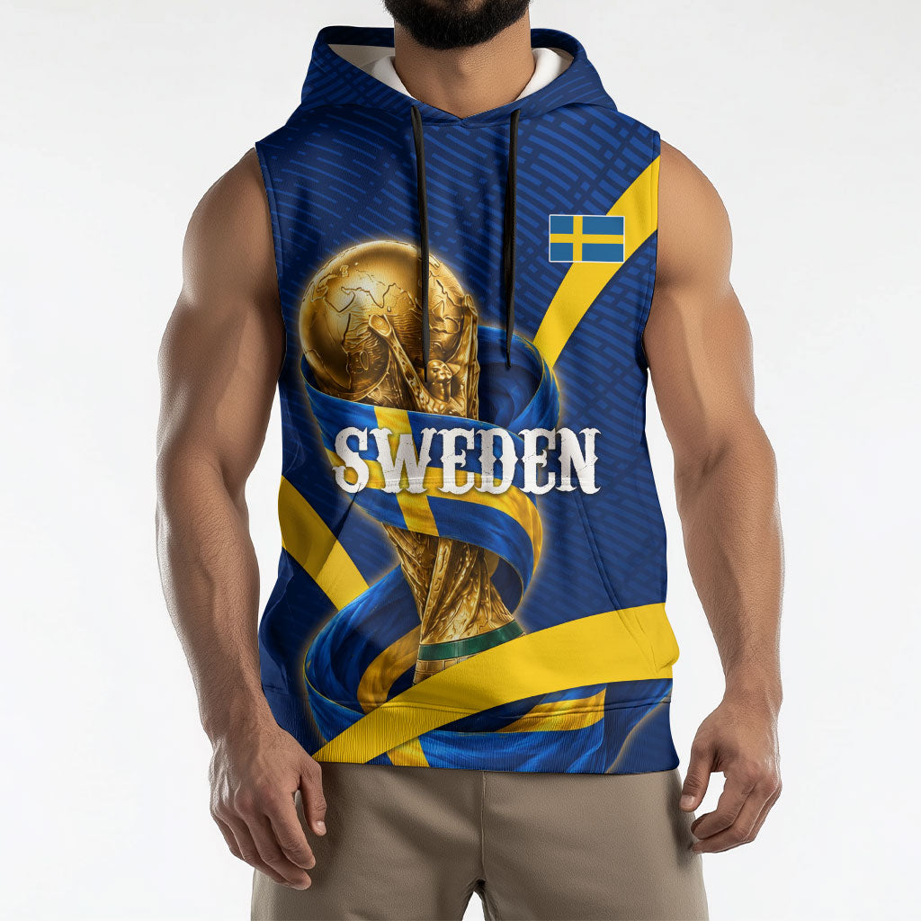 Personalized Sweden Football Trophy Sleeveless Hoodie Golden Cup Flag Ribbon Dynamic Stripes